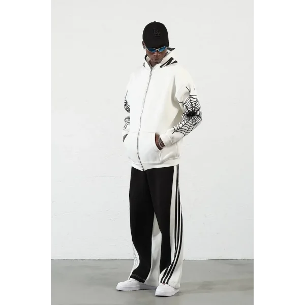 Örümcek Baskılı Zıp Fermuarlı Kapüşonlu Hırka - Beyaz