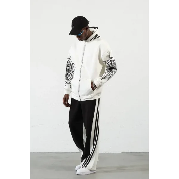 Örümcek Baskılı Zıp Fermuarlı Kapüşonlu Hırka - Beyaz