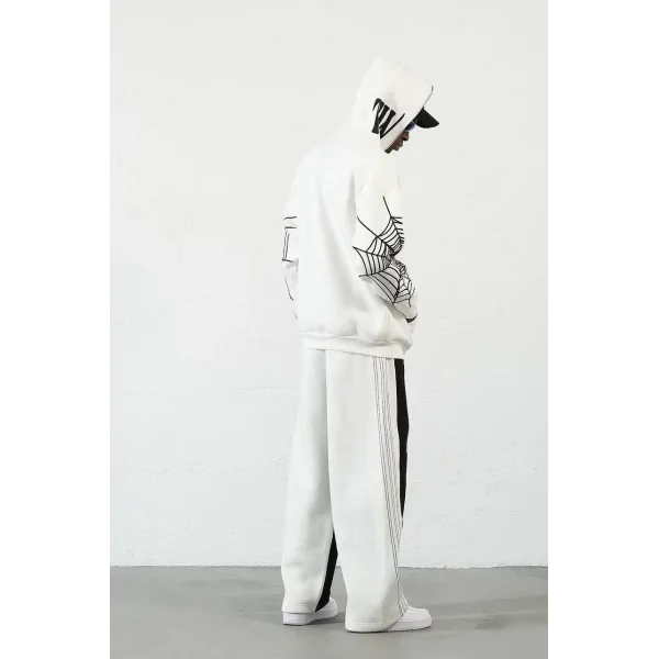 Örümcek Baskılı Zıp Fermuarlı Kapüşonlu Hırka - Beyaz