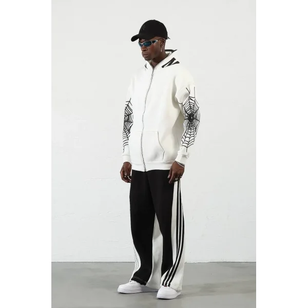 Örümcek Baskılı Zıp Fermuarlı Kapüşonlu Hırka - Beyaz