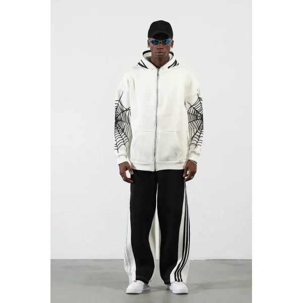 Örümcek Baskılı Zıp Fermuarlı Kapüşonlu Hırka - Beyaz