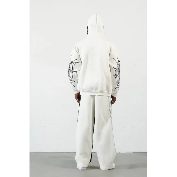 Örümcek Baskılı Zıp Fermuarlı Kapüşonlu Hırka - Beyaz