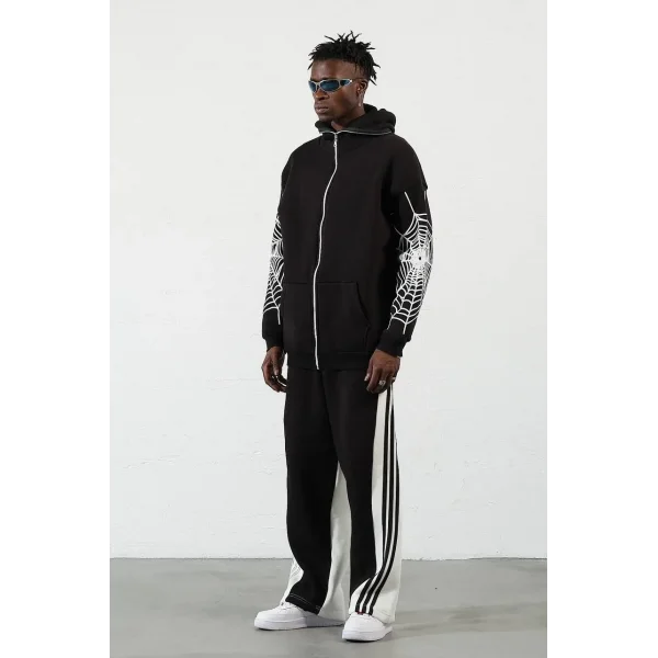 Örümcek Baskılı Zıp Fermuarlı Kapüşonlu Hırka - Siyah