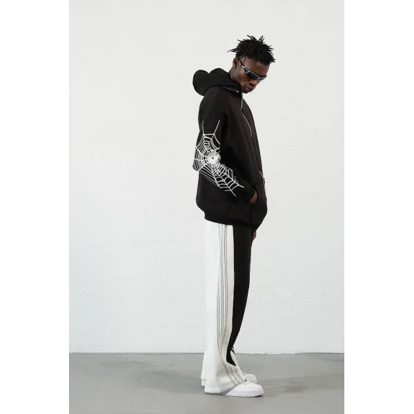 Örümcek Baskılı Zıp Fermuarlı Kapüşonlu Hırka - Siyah