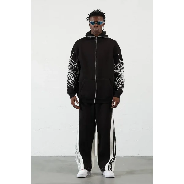 Örümcek Baskılı Zıp Fermuarlı Kapüşonlu Hırka - Siyah