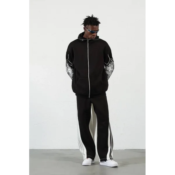 Örümcek Baskılı Zıp Fermuarlı Kapüşonlu Hırka - Siyah