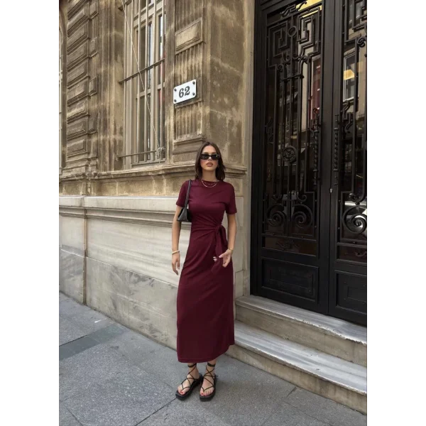 Osy Modal Yumuşak Dokulu Kumaş Bisiklet Yaka Kısa Kollu Kuşaklı Uzun Elbise - Bordo