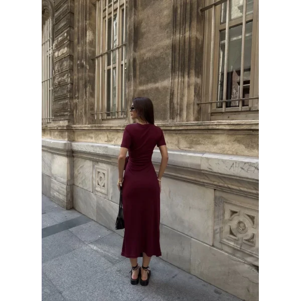 Osy Modal Yumuşak Dokulu Kumaş Bisiklet Yaka Kısa Kollu Kuşaklı Uzun Elbise - Bordo