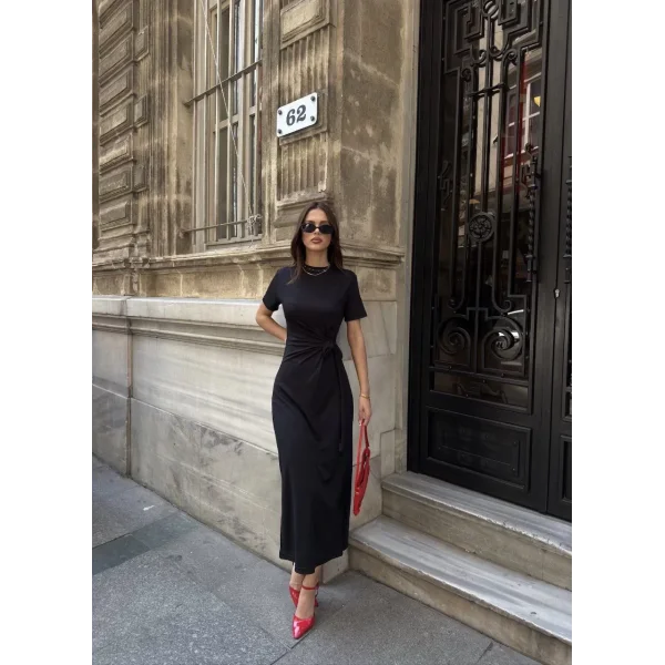 Osy Modal Yumuşak Dokulu Kumaş Bisiklet Yaka Kısa Kollu Kuşaklı Uzun Elbise - Siyah