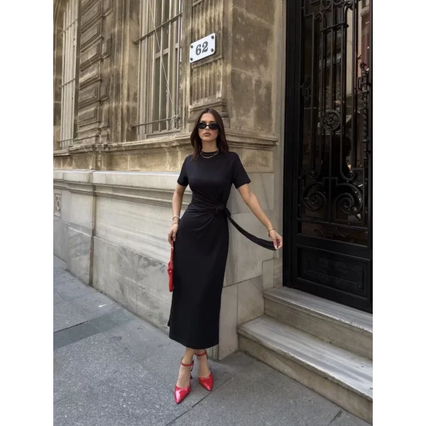 Osy Modal Yumuşak Dokulu Kumaş Bisiklet Yaka Kısa Kollu Kuşaklı Uzun Elbise - Siyah