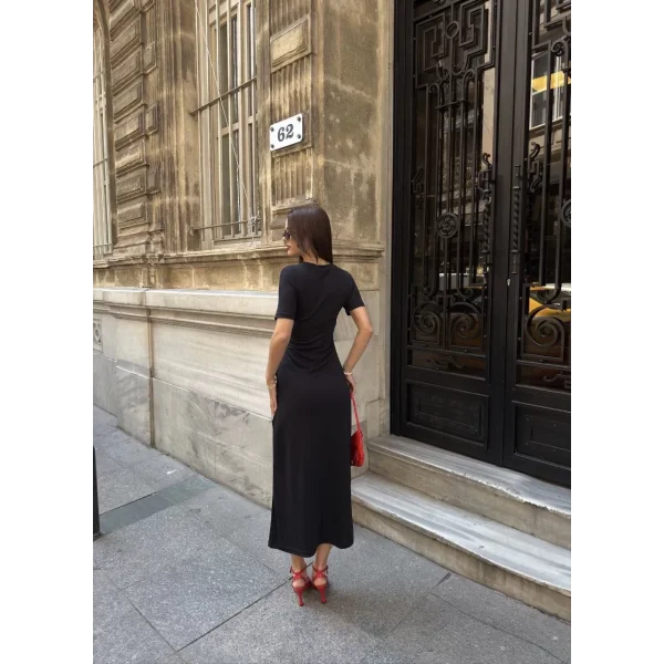 Osy Modal Yumuşak Dokulu Kumaş Bisiklet Yaka Kısa Kollu Kuşaklı Uzun Elbise - Siyah