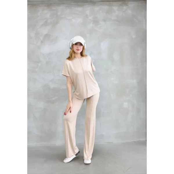 Osy Modal Yumuşak dokulu Kumaş Bisiklet Yaka Kısa Kollu Takım - Bej