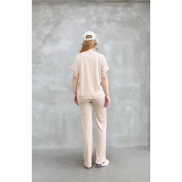 Osy Modal Yumuşak dokulu Kumaş Bisiklet Yaka Kısa Kollu Takım - Bej