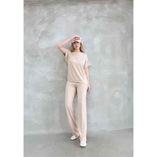 Osy Modal Yumuşak dokulu Kumaş Bisiklet Yaka Kısa Kollu Takım - Bej