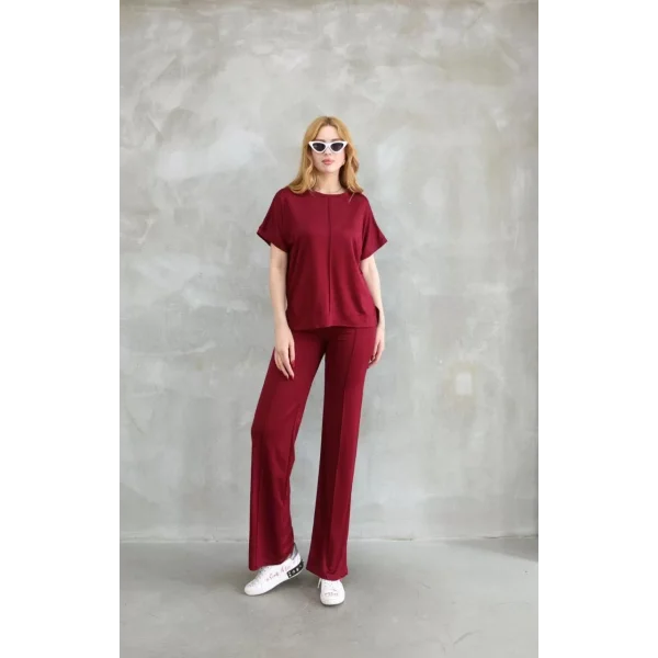 Osy Modal Yumuşak dokulu Kumaş Bisiklet Yaka Kısa Kollu Takım - Bordo