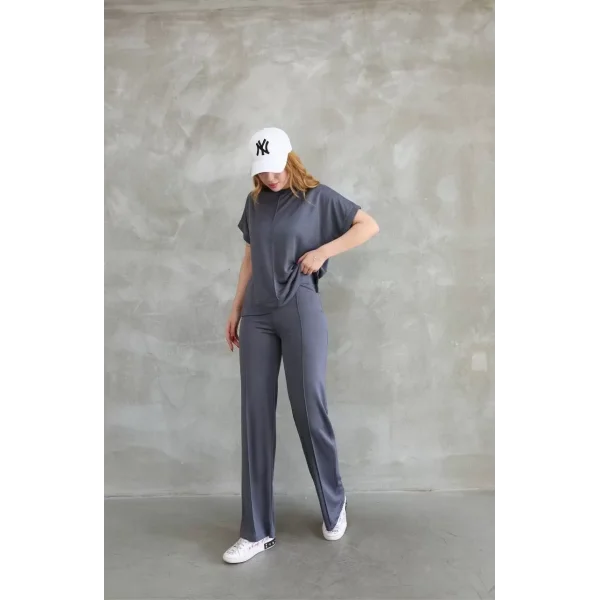 Osy Modal Yumuşak dokulu Kumaş Bisiklet Yaka Kısa Kollu Takım - Füme