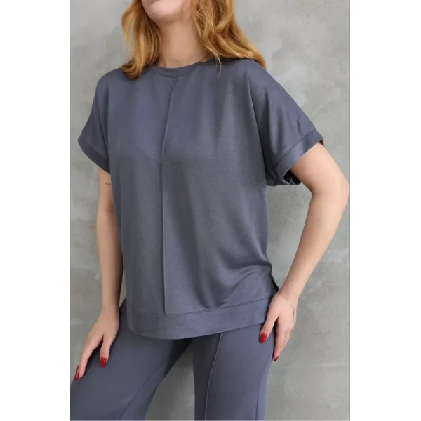 Osy Modal Yumuşak dokulu Kumaş Bisiklet Yaka Kısa Kollu Takım - Füme