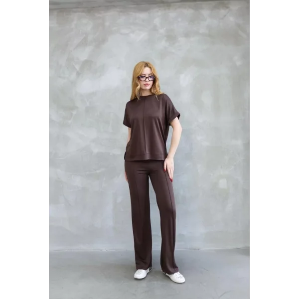 Osy Modal Yumuşak dokulu Kumaş Bisiklet Yaka Kısa Kollu Takım - Kahverengi