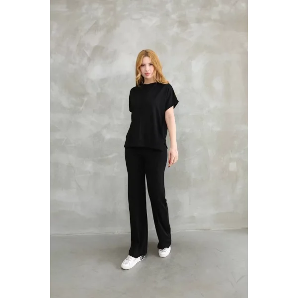 Osy Modal Yumuşak dokulu Kumaş Bisiklet Yaka Kısa Kollu Takım - Siyah