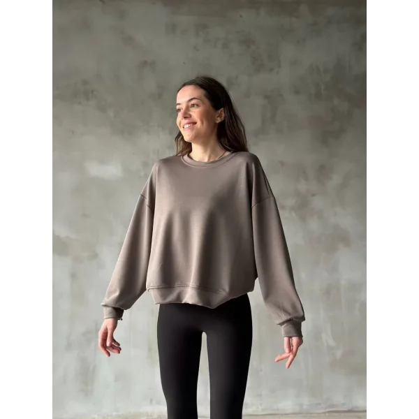 Osy Modal Yumuşak dokulu Kumaş Bisiklet Yaka Oversize Sweatshirt - Gri