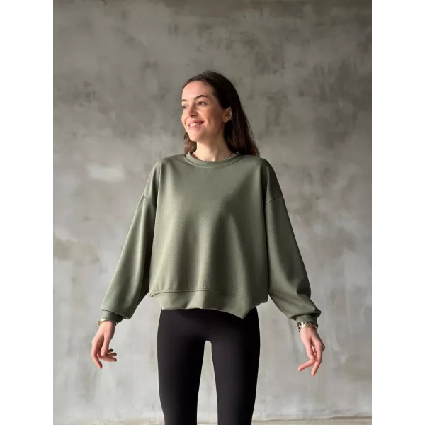 Osy Modal Yumuşak dokulu Kumaş Bisiklet Yaka Oversize Sweatshirt - Haki