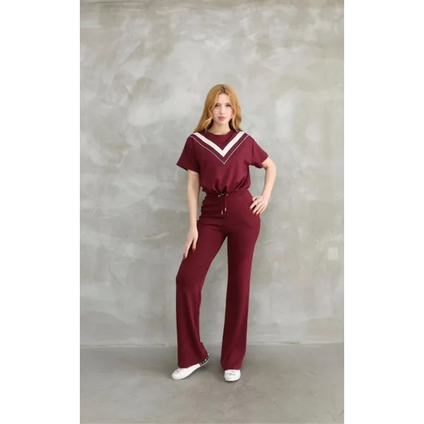 Osy Modal Yumuşak dokulu Kumaş Bisiklet Yaka Parçalı detaylı Kısa Kollu Takım - Bordo