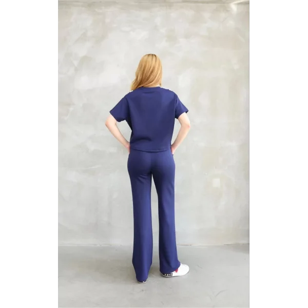 Osy Modal Yumuşak dokulu Kumaş Bisiklet Yaka Parçalı detaylı Kısa Kollu Takım - Lacivert