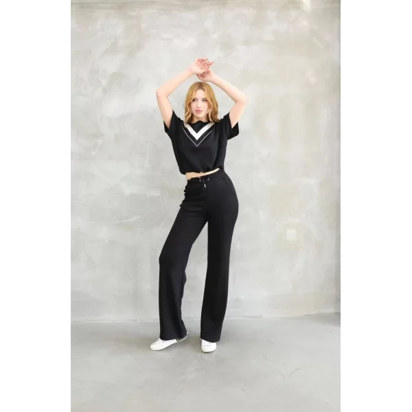 Osy Modal Yumuşak dokulu Kumaş Bisiklet Yaka Parçalı detaylı Kısa Kollu Takım - Siyah