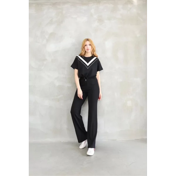 Osy Modal Yumuşak dokulu Kumaş Bisiklet Yaka Parçalı detaylı Kısa Kollu Takım - Siyah