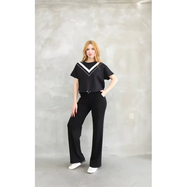 Osy Modal Yumuşak dokulu Kumaş Bisiklet Yaka Parçalı detaylı Kısa Kollu Takım - Siyah