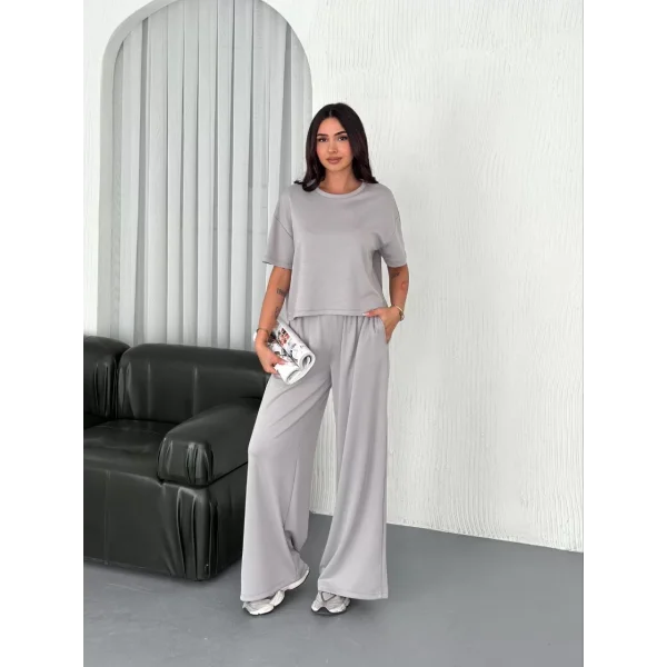 Osy Modal Yumuşak Dokulu Kumaş Bisiklet Yaka T-shirt Bol paça Pantalon ikili Takım - Boyalı Gri