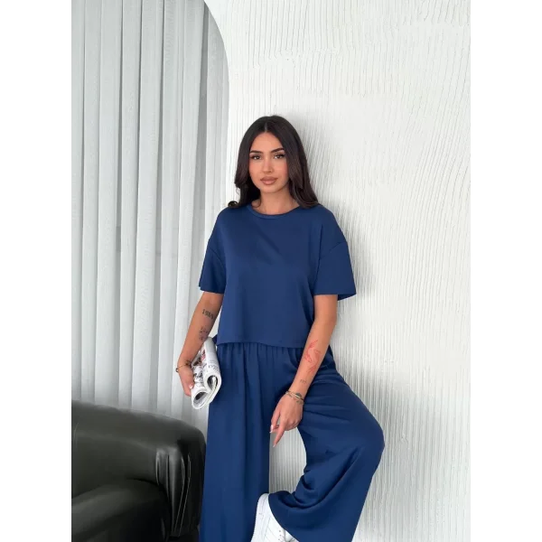 Osy Modal Yumuşak Dokulu Kumaş Bisiklet Yaka T-shirt Bol paça Pantalon ikili Takım -Saks Mavi