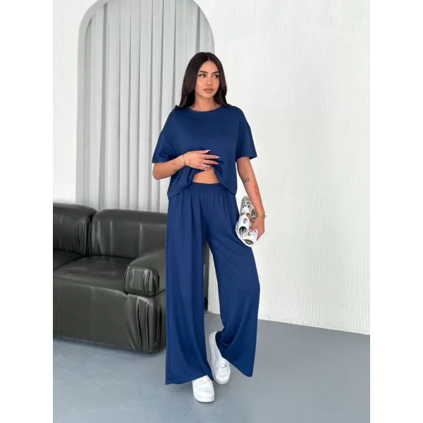 Osy Modal Yumuşak Dokulu Kumaş Bisiklet Yaka T-shirt Bol paça Pantalon ikili Takım -Saks Mavi