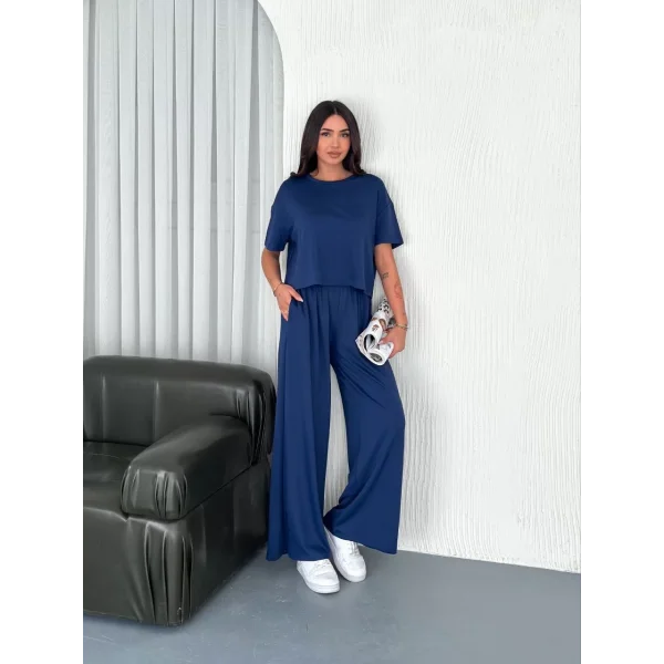 Osy Modal Yumuşak Dokulu Kumaş Bisiklet Yaka T-shirt Bol paça Pantalon ikili Takım -Saks Mavi