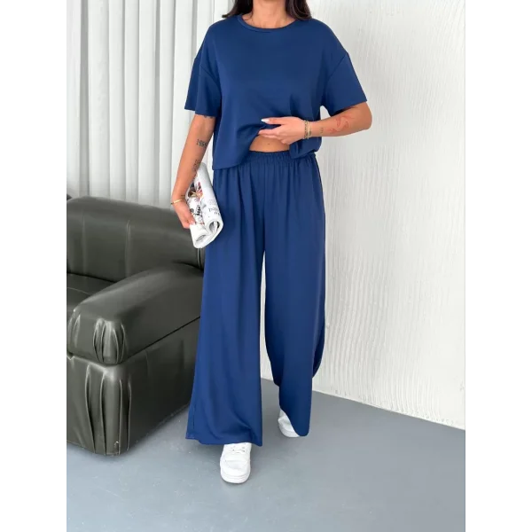 Osy Modal Yumuşak Dokulu Kumaş Bisiklet Yaka T-shirt Bol paça Pantalon ikili Takım -Saks Mavi