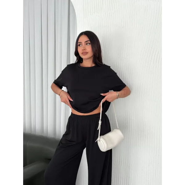 Osy Modal Yumuşak Dokulu Kumaş Bisiklet Yaka T-shirt Bol paça Pantalon ikili Takım -Siyah