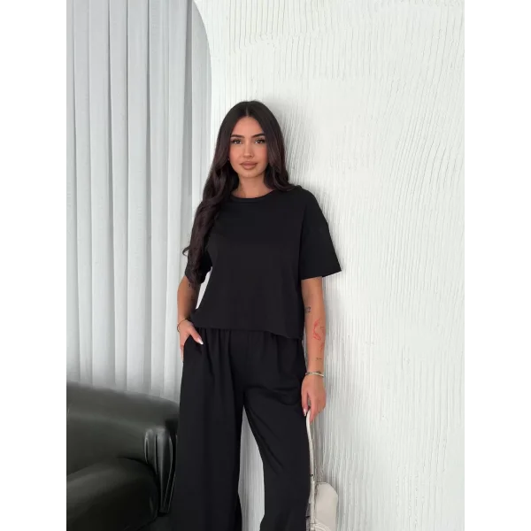 Osy Modal Yumuşak Dokulu Kumaş Bisiklet Yaka T-shirt Bol paça Pantalon ikili Takım -Siyah