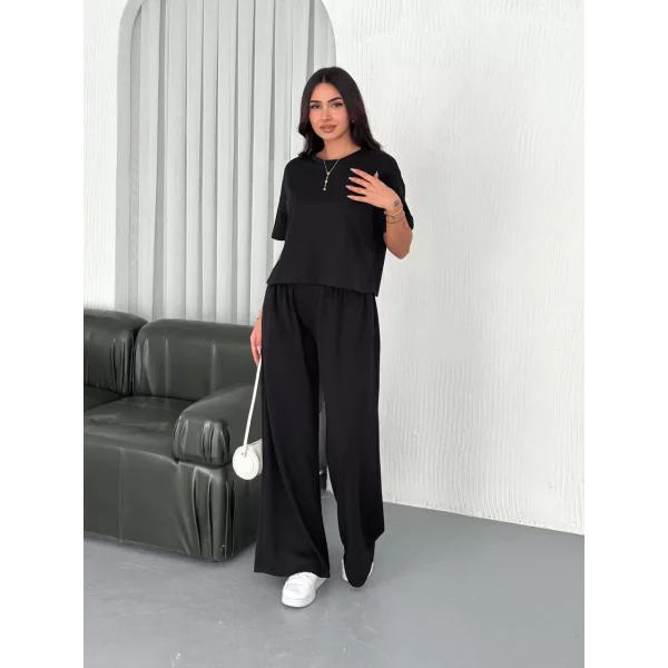 Osy Modal Yumuşak Dokulu Kumaş Bisiklet Yaka T-shirt Bol paça Pantalon ikili Takım -Siyah