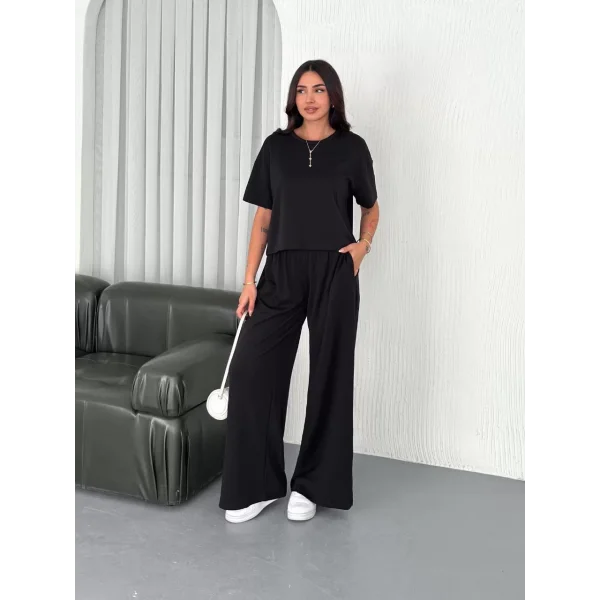 Osy Modal Yumuşak Dokulu Kumaş Bisiklet Yaka T-shirt Bol paça Pantalon ikili Takım -Siyah