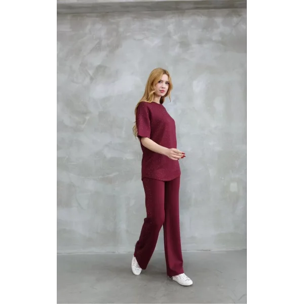 Osy Modal Yumuşak dokulu Kumaş Bisiklet Yaka Taş detaylı Kısa Kollu Takım - Bordo