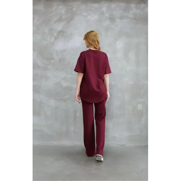 Osy Modal Yumuşak dokulu Kumaş Bisiklet Yaka Taş detaylı Kısa Kollu Takım - Bordo