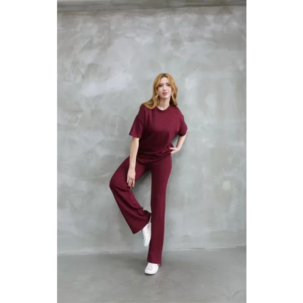 Osy Modal Yumuşak dokulu Kumaş Bisiklet Yaka Taş detaylı Kısa Kollu Takım - Bordo