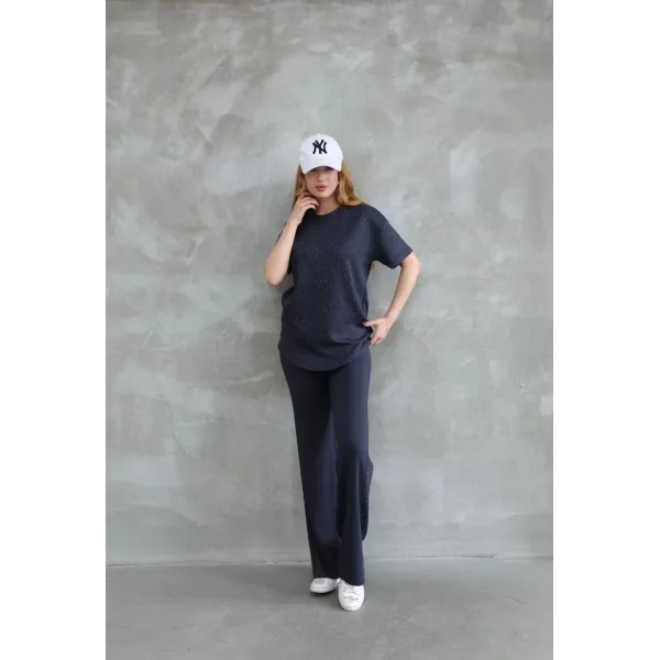 Osy Modal Yumuşak dokulu Kumaş Bisiklet Yaka Taş detaylı Kısa Kollu Takım - Füme