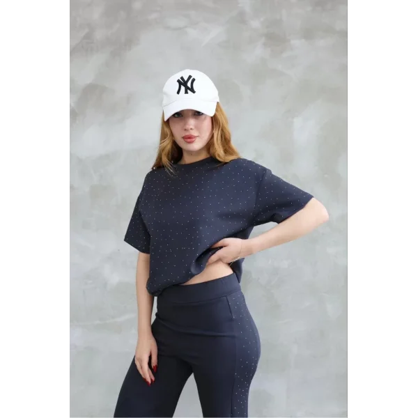 Osy Modal Yumuşak dokulu Kumaş Bisiklet Yaka Taş detaylı Kısa Kollu Takım - Füme