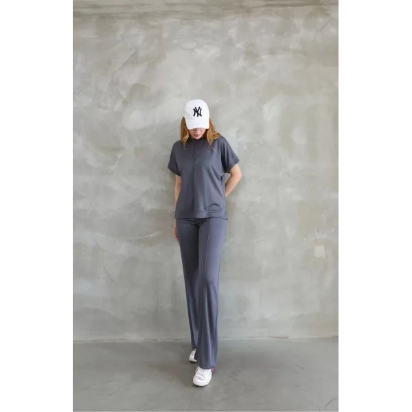 Osy Modal Yumuşak dokulu Kumaş Bisiklet Yaka Taş detaylı Kısa Kollu Takım - Gri