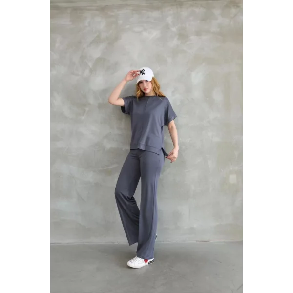 Osy Modal Yumuşak dokulu Kumaş Bisiklet Yaka Taş detaylı Kısa Kollu Takım - Gri