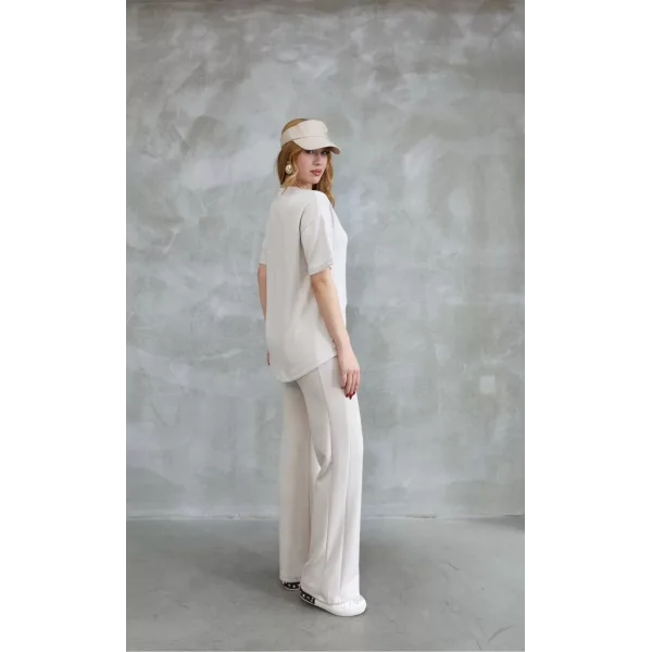 Osy Modal Yumuşak dokulu Kumaş Bisiklet Yaka Taş detaylı Kısa Kollu Takım - Kırık Beyaz