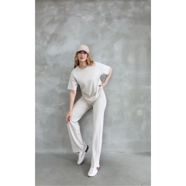 Osy Modal Yumuşak dokulu Kumaş Bisiklet Yaka Taş detaylı Kısa Kollu Takım - Kırık Beyaz