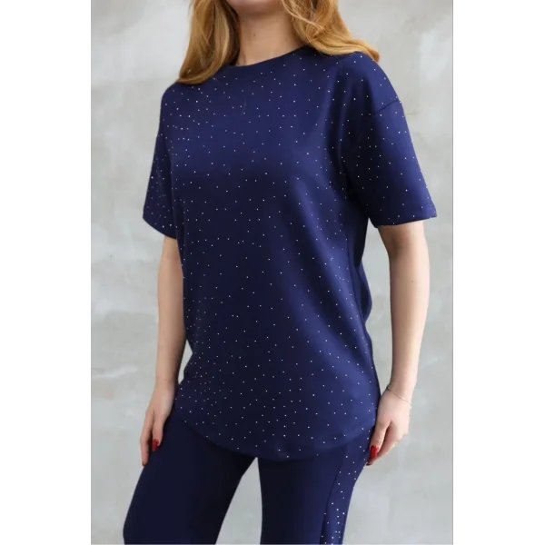 Osy Modal Yumuşak dokulu Kumaş Bisiklet Yaka Taş detaylı Kısa Kollu Takım - Lacivert