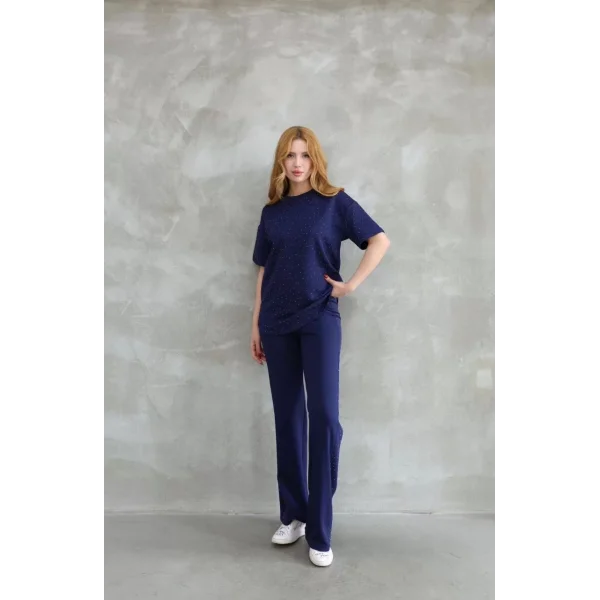 Osy Modal Yumuşak dokulu Kumaş Bisiklet Yaka Taş detaylı Kısa Kollu Takım - Lacivert